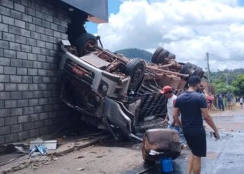 Caminhão carregado de bois capota e atinge casa às margens de rodovia