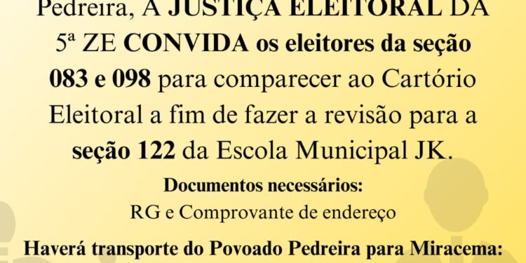 Justiça Eleitoral fará revisão em seção e convida eleitores da Comunidade Pedreira; saiba quem poderá comparecer ao atendimento.