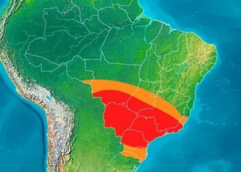 Área vermelha do mapa indica locais afetados pela onda de calor Climatempo