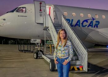 Leila Pereira, presidente do Palmeiras, em frente ao avião dela Divulgação/Leila Pereira