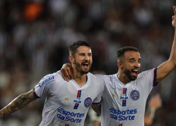 Everaldo e Caio Alexandre comemoram gol do Bahia sobre o Botafogo no Brasileirão