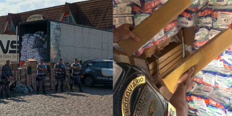 Montagem mostra imagens da ação que apreendeu cerca de uma tonelada de maconha em meio a carregamento de fraldas
Divulgação/Polícia Militar Rodoviária