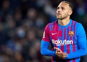 Braithwaite em jogo do Barcelona Foto: Alex Caparros/Getty Images