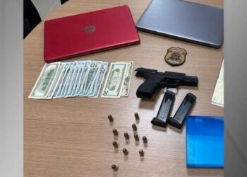 Foram apreendidos uma arma, dois carregadores e munições, além de dólares americanos Reprodução