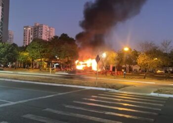 Incêndio na Avenida Palmas Brasil Sul, na capital — Foto: Tamyra Pinheiro/TV Anhanguera