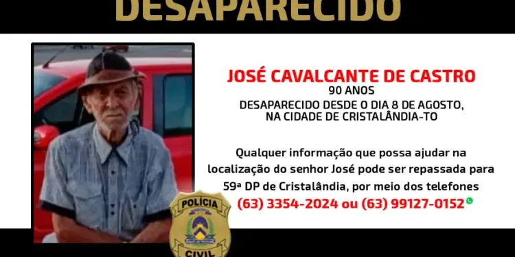 Polícia Civil procura senhor de 90 anos que está desaparecido há cinco dias em Cristalândia