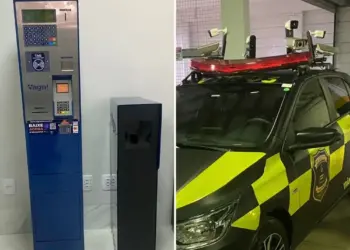 Modelo do parquímetro instalado na Avenida JK e viatura que fará fiscalização — Foto: Patricia Lauris/g1 Tocantins