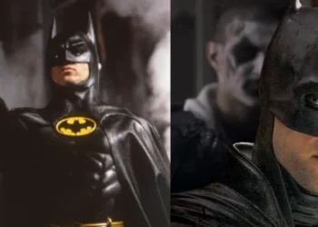 Nos cinemas, o Homem-Morcego já foi interpretado por Michael Keaton em 1989 e Robert Pattinson em 2022 • Divulgação/Montagem