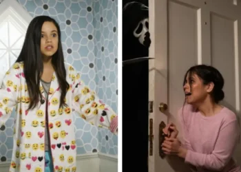 Jenna Ortega em "A Irmã do Meio" e "Pânico 5", respectivamente • Adam Taylor/ Disney Channel// Divulgação/ Paramount