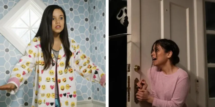 Jenna Ortega em "A Irmã do Meio" e "Pânico 5", respectivamente • Adam Taylor/ Disney Channel// Divulgação/ Paramount