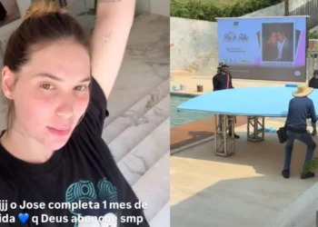 Funcionários estão montando uma mesa no quintal, ao lado da piscina da mansão de Virginia e Zé Felipe em Goiânia • Instagram/Virginia Fonseca