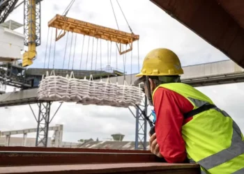 Trabalhador portuário em Paranaguá durante embarque de açúcar — Foto: Claudio Neves/Portos do Paraná