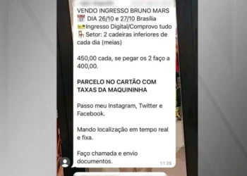 Mensagem enviada pelo golpista anunciando ingresso falso para o show do cantor Bruno Mars • Divulgação/Polícia Civil DF