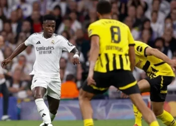 Vini Jr. em ação no duelo entre Real Madrid e Borussia Dortmund • Divulgação/Real Madrid