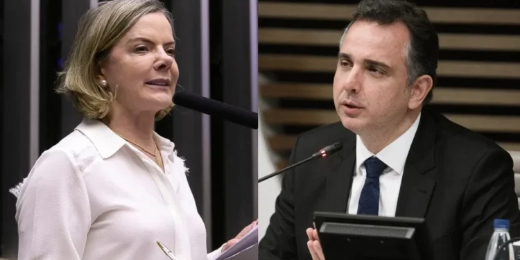 Presidente do PT e deputada Gleisi Hoffmann e o presidente do Senado e senador Rodrigo Pacheco (PSD) • Divulgação