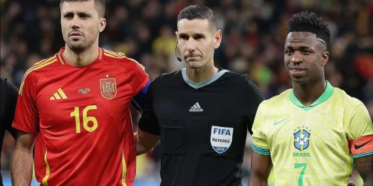 Rodri e Vinicius Júnior, capitães de Espanha e Brasil no amistoso entre as seleções em 2024 • Flickr/CBF