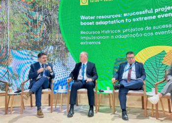 Secretário Marcello Lelis durante apresentação do projeto de Monitoramento dos Recursos Hídricos no Pavilhão Brasil - Foto: Juliel Fernandes / Governo do Tocantins