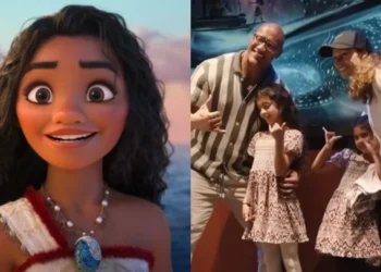 Dwayne Johnson e suas filhas Jasmine e Tiana emprestaram suas vozes para o filme "Moana 2" • Reprodução/YouTube e Instagram/Lauran Hashian