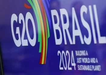 Logotipo do G20 é exibido em reunião do grupo no Rio de Janeiro • 22/02/2024 REUTERS/Ricardo Moraes