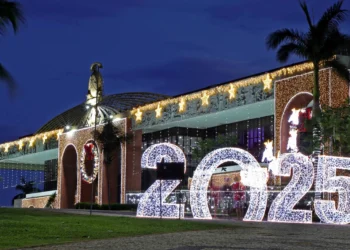 Com 6 milhões de pontos de luz e mais de 700 peças decorativas, a Praça dos Girassóis se transforma em um cenário mágico de Natal