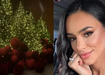 Nos registros ela mostrou as árvores do jardim do imóvel envoltas em luzes e quatro árvores de Natal iluminadas e diversas bolas vermelhas grandes de enfeite na parte interna da casa • Instagram/Bruna Biancardi