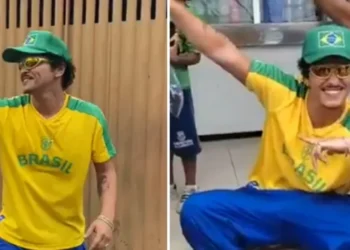 Bruno Mars utilizou look brasileiro e posou em ruas de Belo Horizonte durante passagem pelo Brasil • Reprodução/X