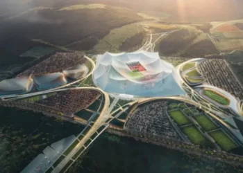 Grande Stade Hassan II, Casablanca, Marrocos - Uma renderização do futuro local da Copa do Mundo da FIFA de 2030, que tem capacidade planejada para 115 mil pessoas; Os designers afirmam que será o maior estádio de futebol do mundo • Populous e Oualolou + Choi/Divulgação