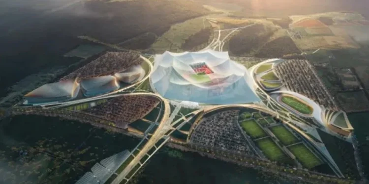 Grande Stade Hassan II, Casablanca, Marrocos - Uma renderização do futuro local da Copa do Mundo da FIFA de 2030, que tem capacidade planejada para 115 mil pessoas; Os designers afirmam que será o maior estádio de futebol do mundo • Populous e Oualolou + Choi/Divulgação