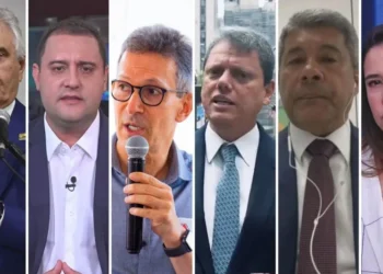 Os governadores Ronaldo Caiado, Ratinho Junior, Romeu Zema, Tarcísio de Freitas, Jerônimo Rodrigues e Raquel Lyra • Reprodução