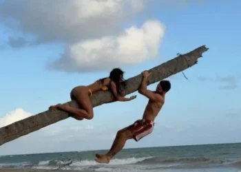 Bruna Marquezine e João guilherme posam em cima de coqueiro na praia • Instagram/ João Guilherme