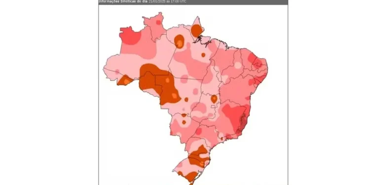 Temperaturas registradas pelo Inmet às 16h desta terça (21/1) indicaram temperaturas próximas aos 40ºC no Sudeste — Foto: Inmet