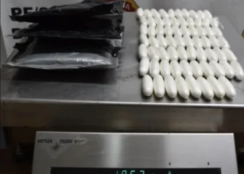 Homem de Guiné-Bissau, flagrado com mais de 2kg da droga em volumes fixados em suas pernas e coxas. Ele embarcaria para Portugal. • PF