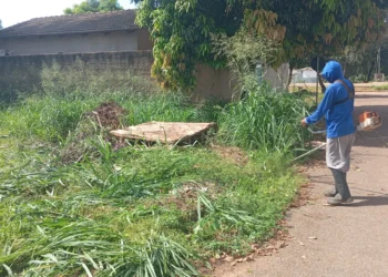 Equipe de roçagem na quadra T-31 do Jardim Taquari Foto: Divulgação