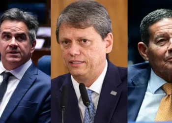 Da esquerda para a direita: senador Ciro Nogueira (PP-PI), governador de São Paulo, Tarcísio de Freitas (Republicanos) e senador Hamilton Mourão (Republicanos-RS) • Jefferson Rudy/Agência Senado | Marcelo Camargo/Agência Brasil | Andressa Anholete/Agência Senado