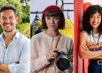 Solange (Alice Wegmann), Renato (João Vicente de Castro) e Suzana (Bruna Aiiso) em "Vale Tudo" • Globo/ Marcos Serra Lima | Globo/ Fábio Rocha | Globo/ Manoella Mello