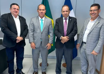 Anderson Justino (diretor técnico da AEM), Márcio André Oliveira Brito (presidente do Inmetro), Eli Borges (deputado federal) e Ronan Dorneles de Sousa (presidente da AEM) em reunião de trabalho. / Foto: Dicom/Inmetro