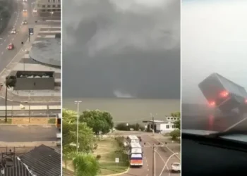 Porto Alegre tem ventos de mais de 110 km/h, que provocam queda de caminhão, estragos pela cidade e tromba d'água no Guaíba • Reprodução
