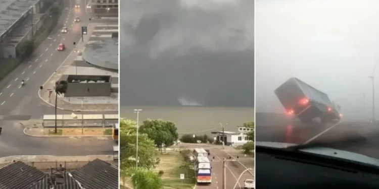Ventos de 110 km/h varrem Porto Alegre, geram tromba d’água e viram carreta