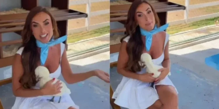 Nicole Bahls batiza galinha com o nome de Xuxa: “Cabelo igual”