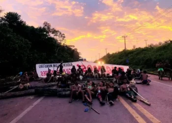 Grupo bloqueia a rodovia em manifestação contra o marco temporal desde 25 de março • Reprodução