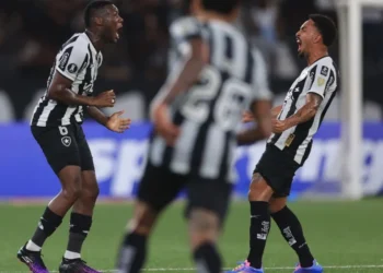 Patrick de Paula e Vitinho comemoram gol do Botafogo sobre o Carabobo • Buda Mendes/Getty Images