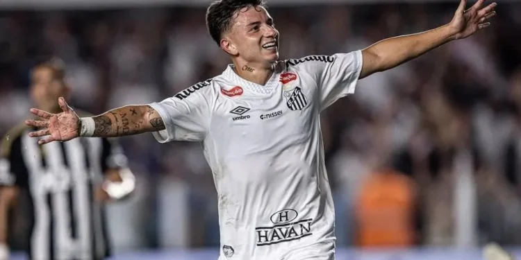 Barreal comemora gol do Santos contra o Atlético-MG pelo Brasileirão • Raul Baretta / Santos FC