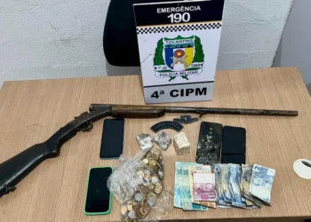 Material apreendido pela Polícia Militar durante a ação em Lagoa da Confusão: entorpecentes, arma de fogo e dinheiro em espécie. - Foto: Ascom 4ª CIPM
