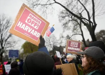 Manifestantes protestam contra ações do governo Trump que miram a Universidade de Harvard — Foto: REUTERS/Nicholas Pfosi