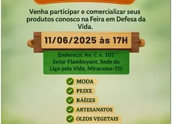 Feira em Defesa da Vida será lançada em Miracema do Tocantins com foco em saúde, cultura e economia solidária