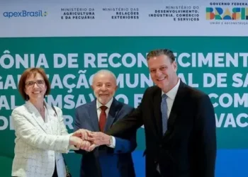 A diretora-geral da Organização Mundial de Saúde Animal, Emmanuelle Soubyrean, junto com o presidente Luis Inácio Lula da Silva e o ministro Carlos Fávaro, nesta sexta-feira, em Paris — Foto: Ricardo Stuckert