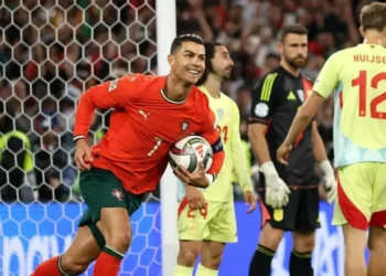 Cristiano Ronaldo celebra seu gol, o segundo de Portugal sobre a Espanha na final da Nations League • Divulgação/Uefa