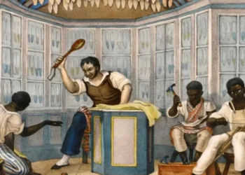 “Loja de Sapateiro”, aquarela de Jean-Baptiste Debret (1768-1848): cotidiano de pessoas negras no Brasil Colonial é abordado em aulas • Wikimedia Commons / Reprodução