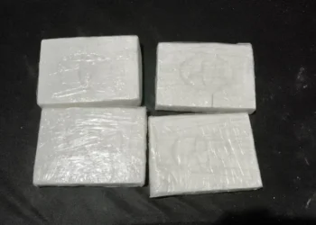 Um cão farejador foi empregado nas buscas e foram localizados quatro tabletes de substância análoga à cocaína, totalizando aproximadamente 4,4 kg do entorpecente.