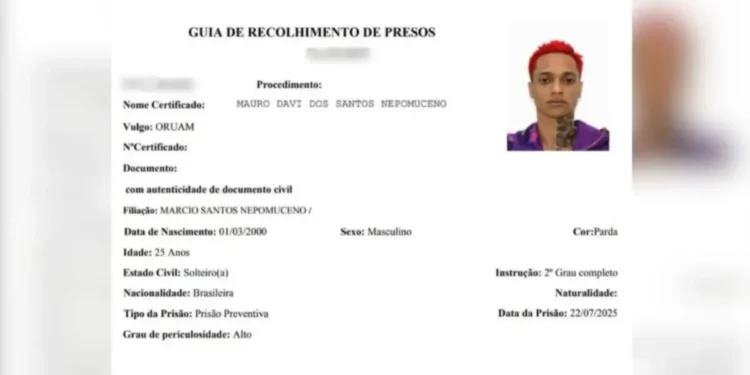Ficha de Oruam no sistema prisional do RJ.  • Reprodução